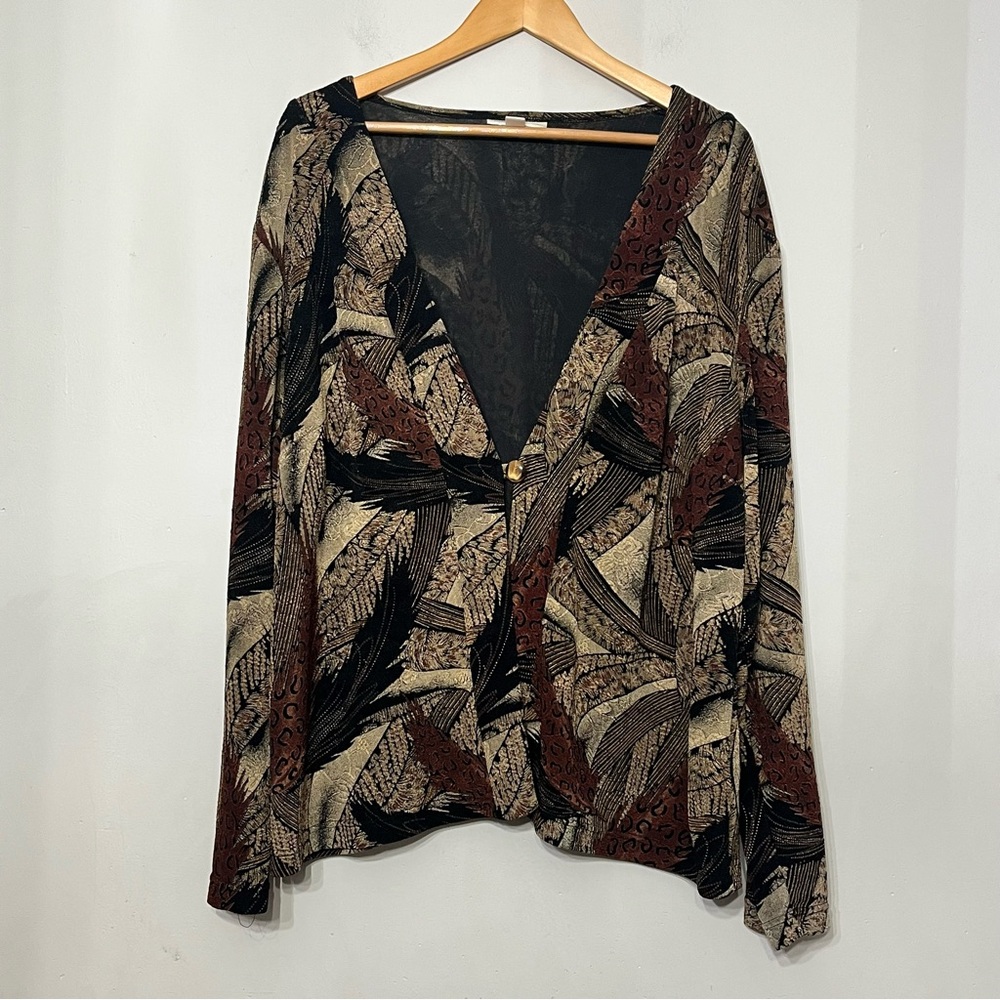 Coldwater Creek‎ Cardigan Animal Print Feathers Dark Artsy Stretchy Mob Wife 2X